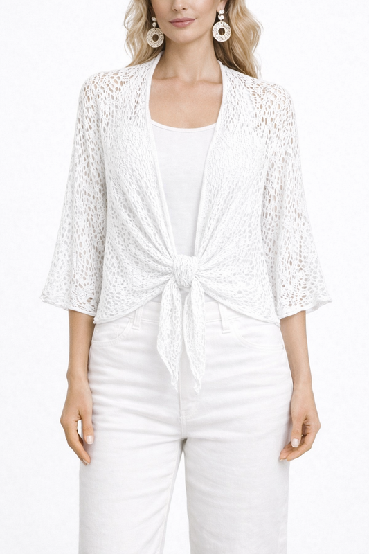 White Crochet Tie-Front Cardigan – Lightweight Knit, 3/4 Sleeve, Relaxed Fit Layering Top