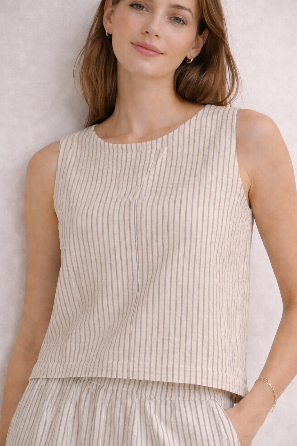 Striped Linen Sleeveless Top – Natural Beige Lightweight Summer Blouse