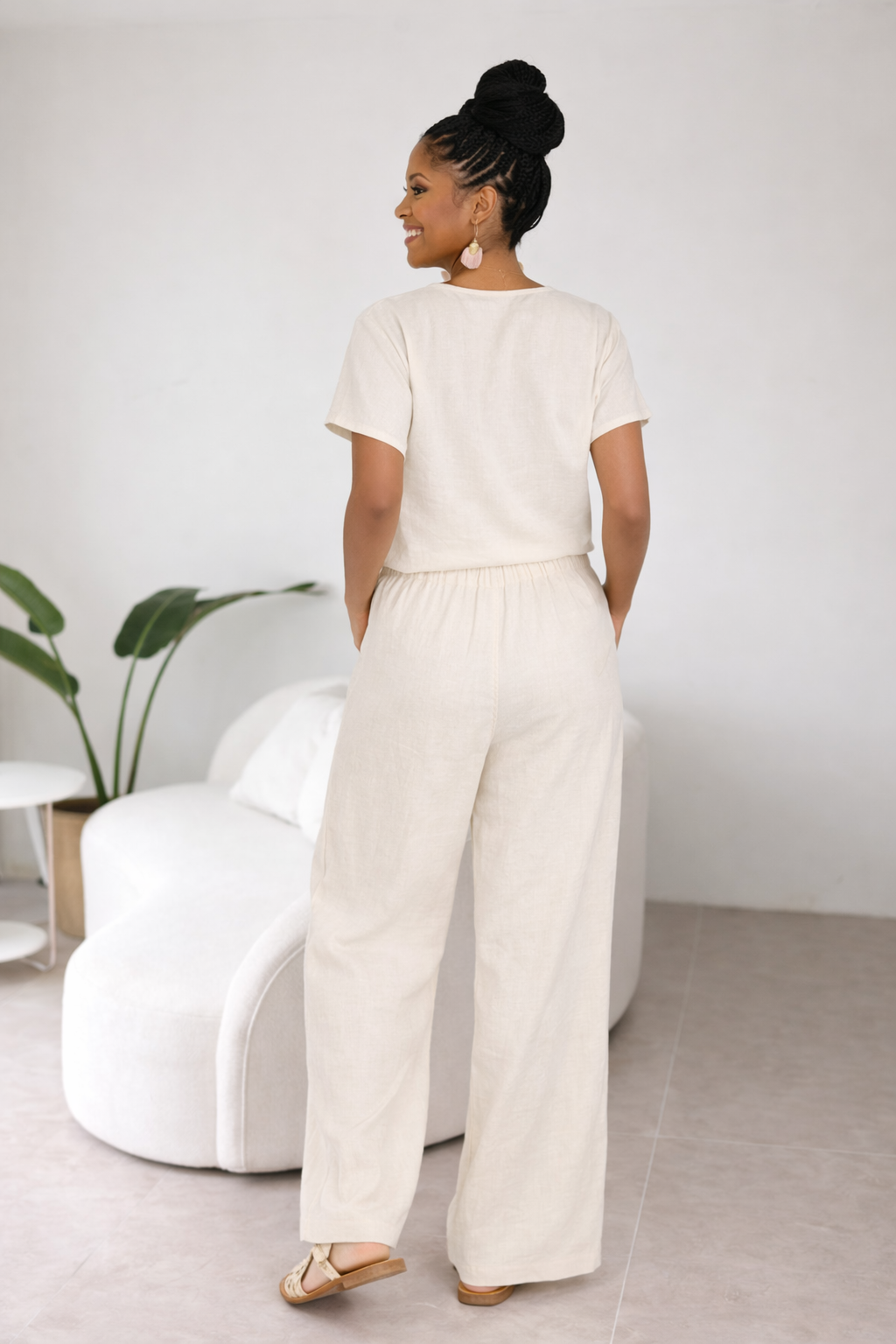 Natural Linen Blend Wide-Leg Pants | ICHI