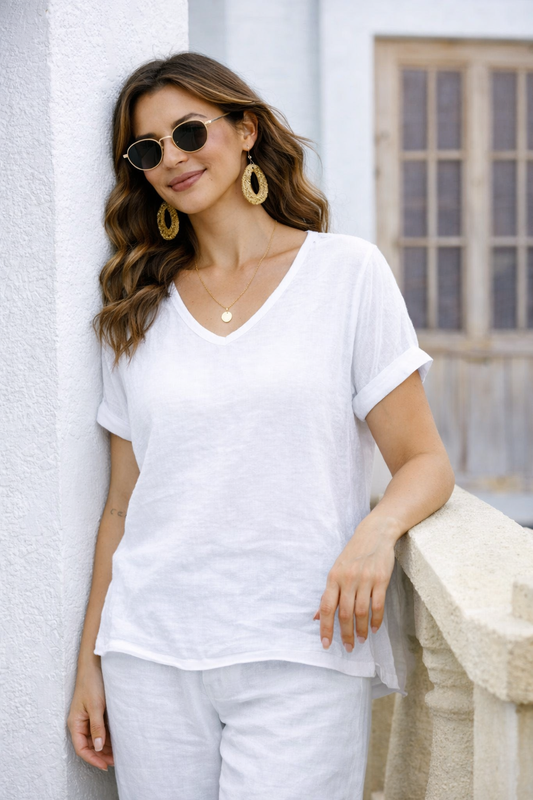 Breezy V-Neck Linen Tee - White