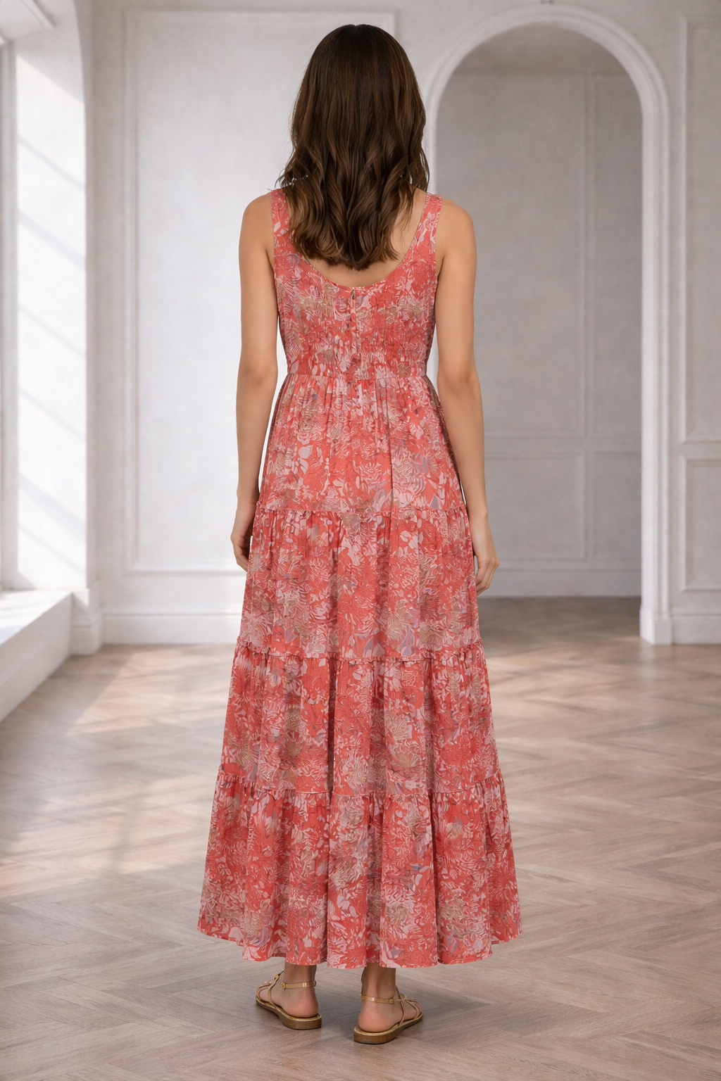 Coral Floral Tiered Maxi Dress with Tassel Tie Neck | Lightweight Summer Dress for Women