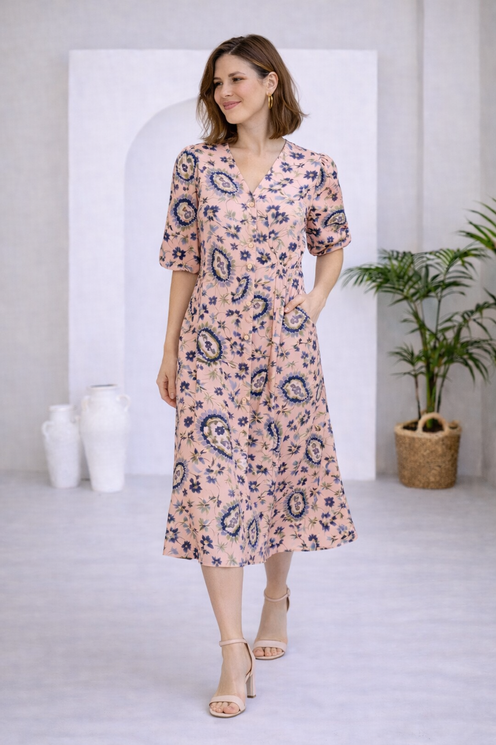 Flowy V-neck Button Down Dress | FRANSA