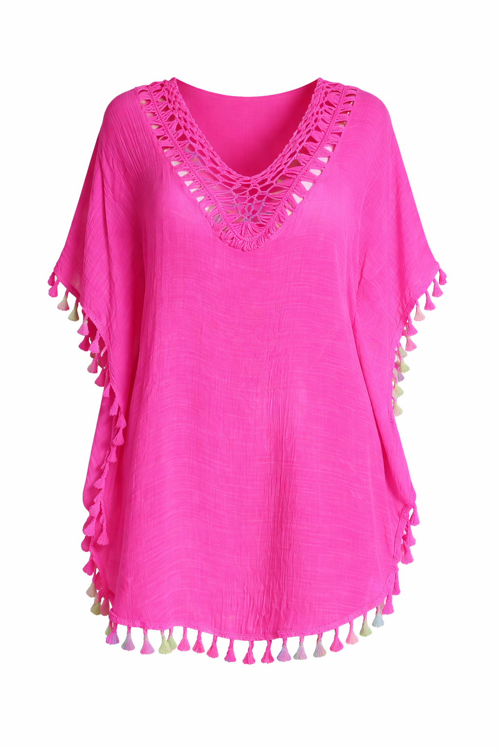 Pink Boho Viscose Beach Cover-Up Dress – Tassel Trim V-Neck Tunic