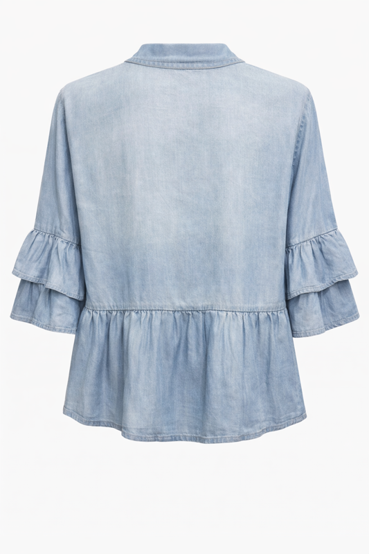 Italian Tencel Denim Blouse – Button Front Peplum Top | Soft Lightweight Shirt