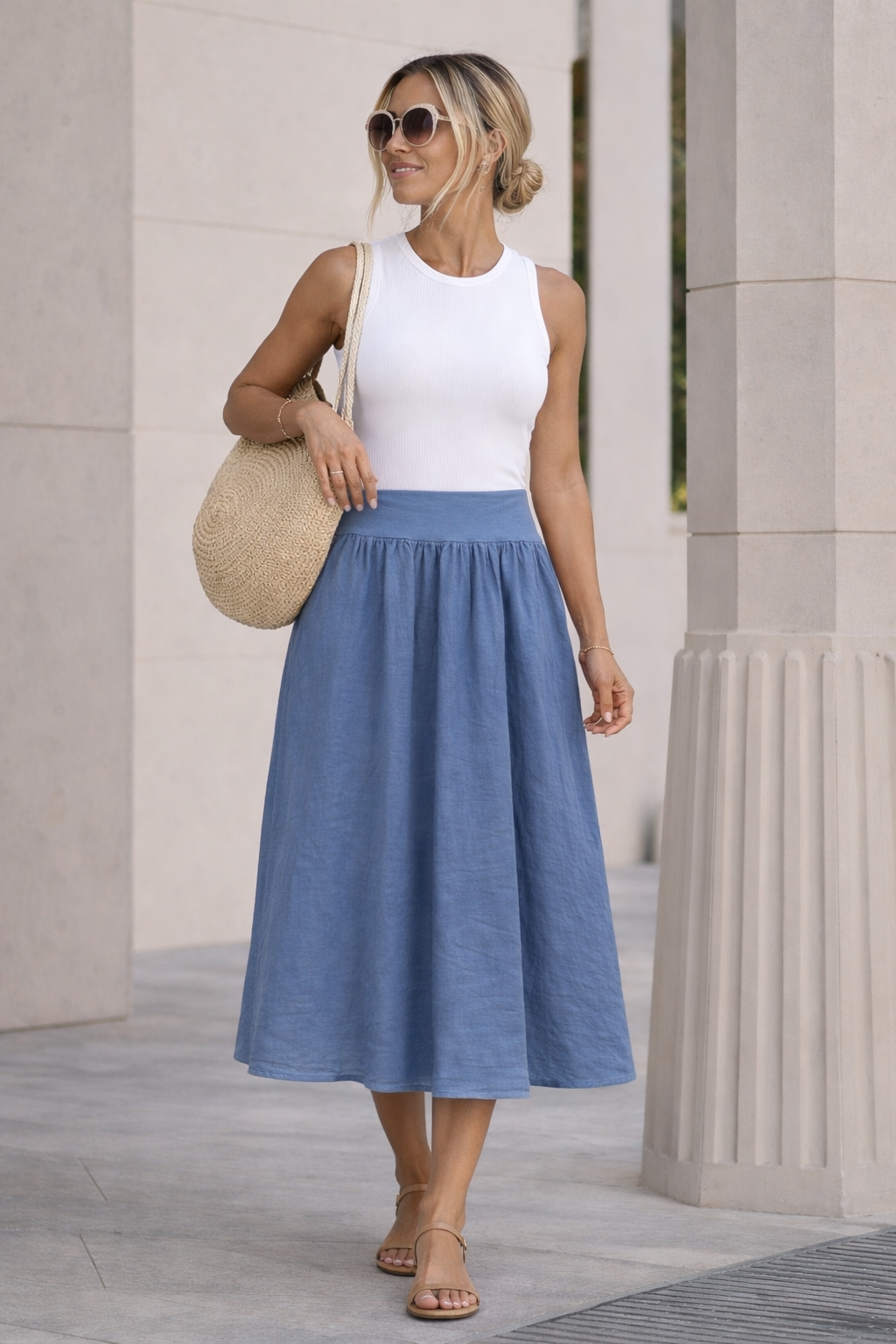 Italian Linen Midi Skirt – Soft Blue A-Line Skirt with Elastic Waist | Lightweight Summer Skirt for Women