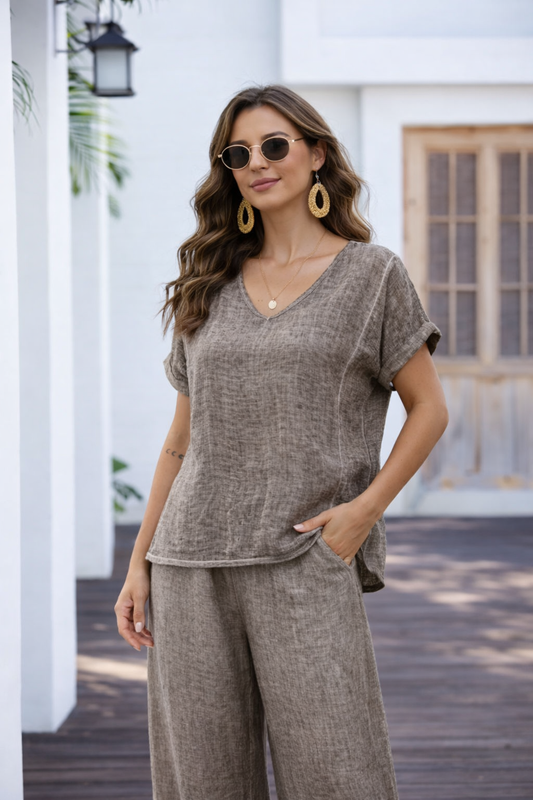 Breezy V-Neck Linen Tee - Fango