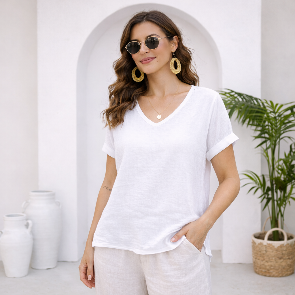 Breezy V-Neck Linen Tee - White