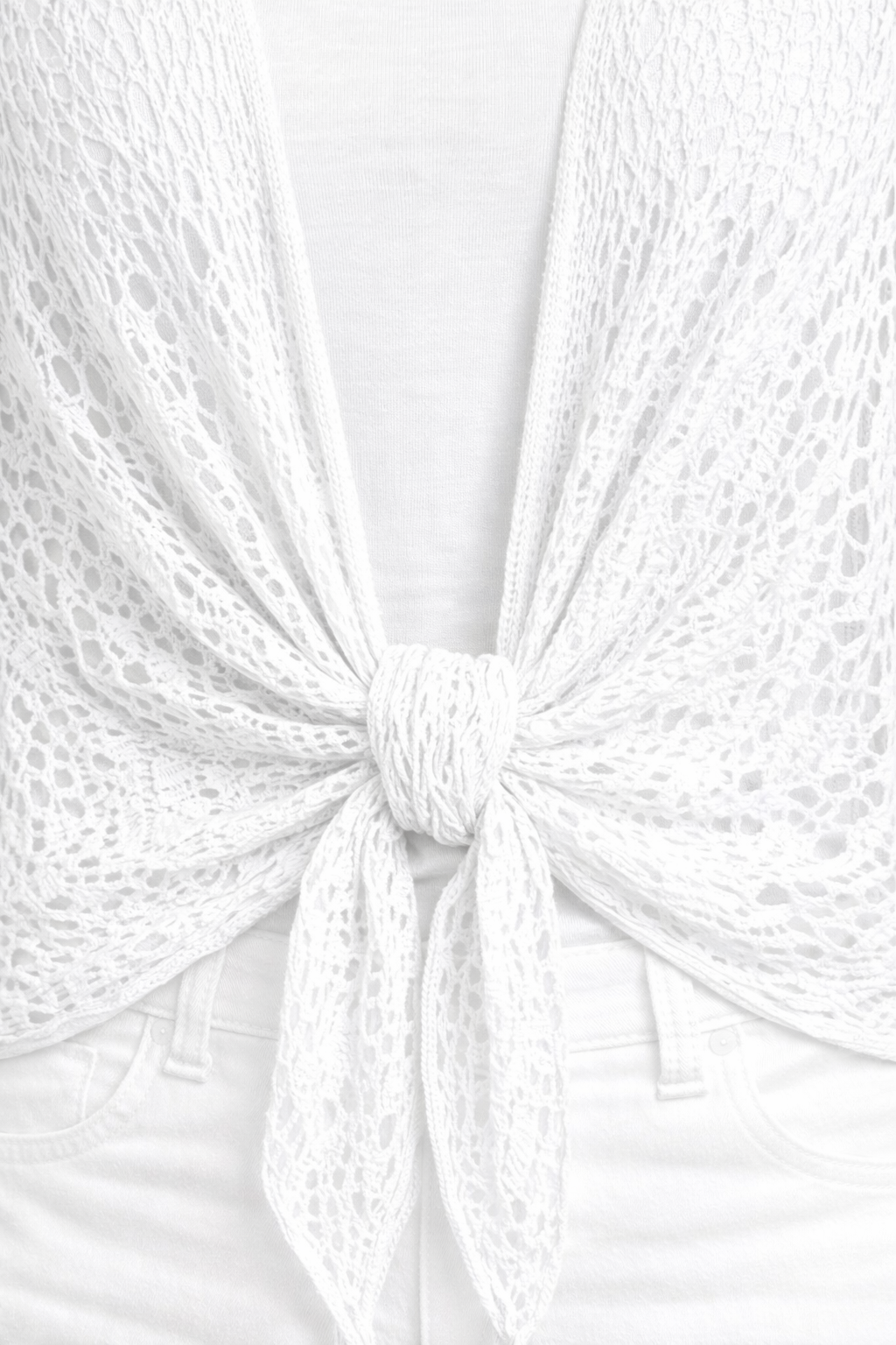White Crochet Tie-Front Cardigan – Lightweight Knit, 3/4 Sleeve, Relaxed Fit Layering Top