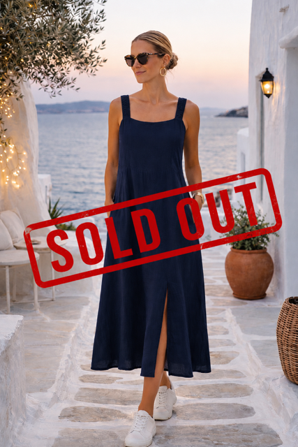 Classic Linen Maxi Dress With Side Split - Navy | Eternelle