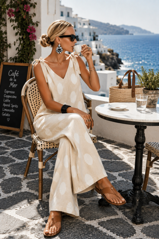 Taupe Italian Linen Resort Romper – Chic Wide Leg Polka Dot Style