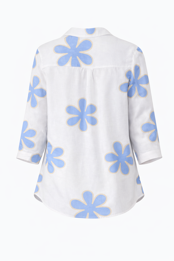 Italian Linen Blend Floral Tunic Top – Relaxed Fit 3/4 Sleeve Blouse