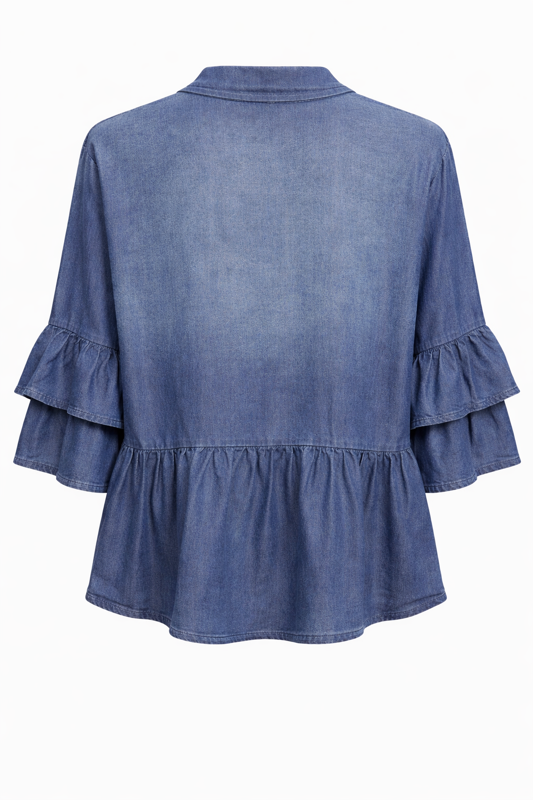 Italian Tencel Denim Blouse – Button Front Peplum Top | Soft Lightweight Shirt