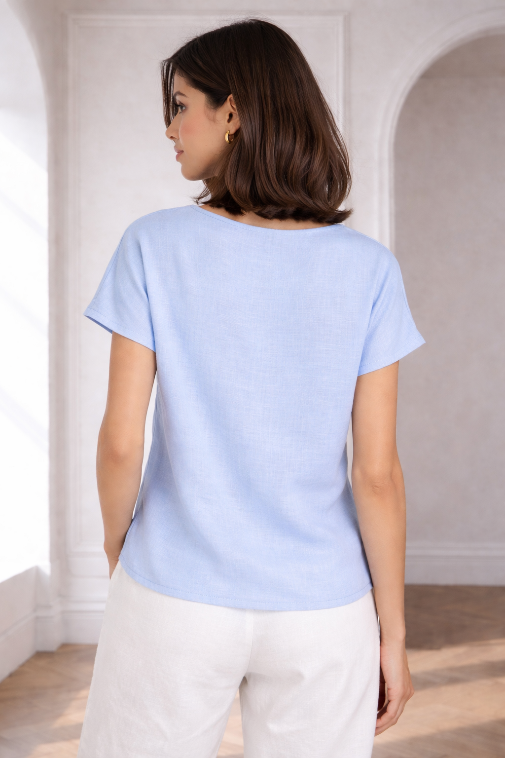 Light Blue Linen Blend Top for Women |