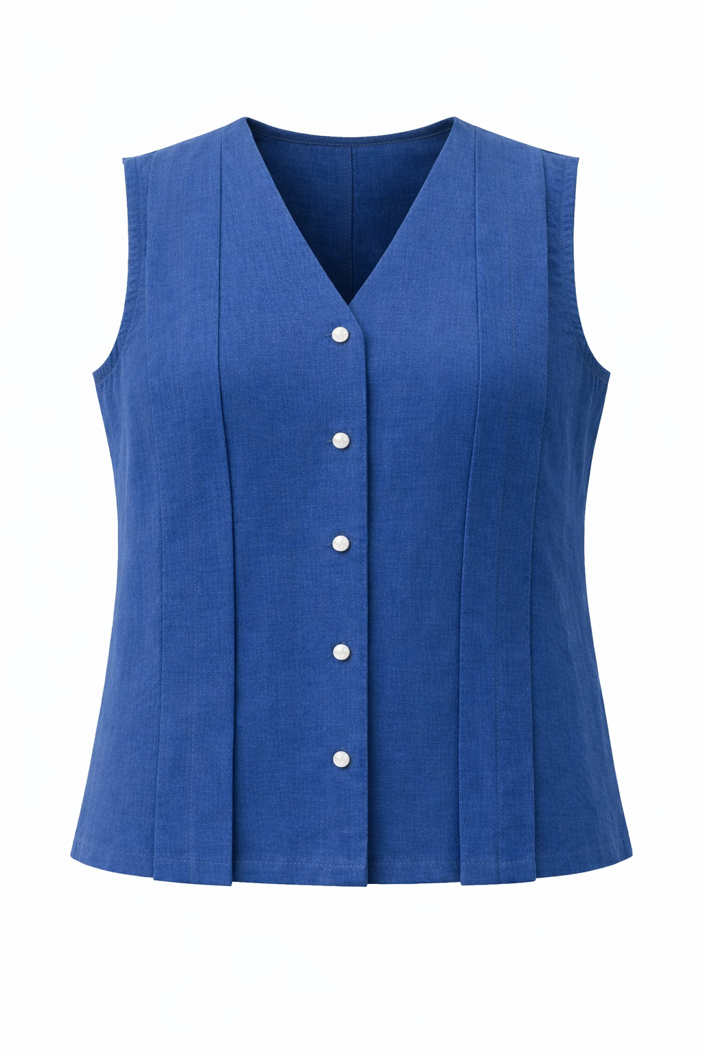 Blue European Linen Blend Sleeveless Button Front Top – Flattering A-Line Fit | Lightweight Summer Layer