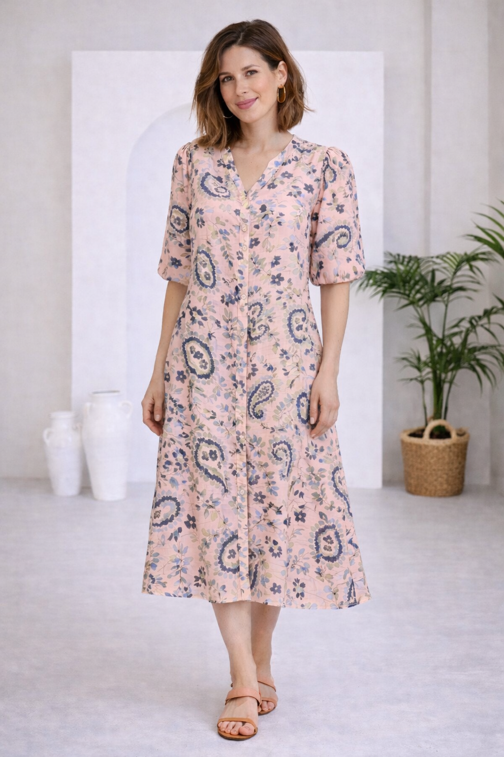 Flowy V-neck Button Down Dress | FRANSA