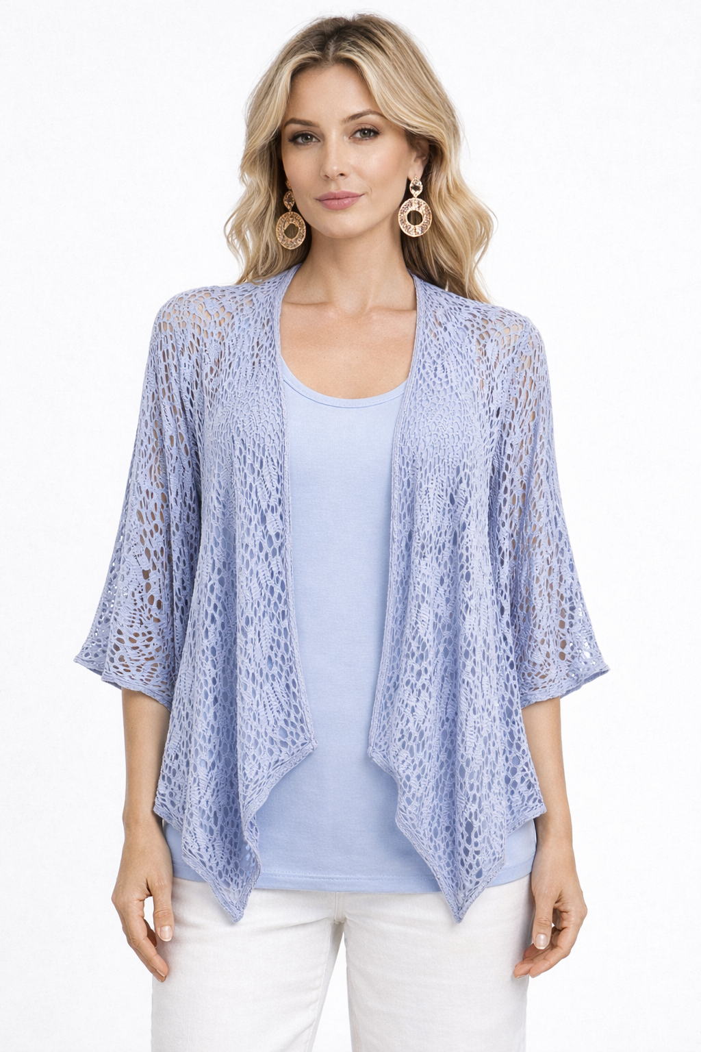 Periwinkle Crochet Tie-Front Cardigan – Lightweight Knit, 3/4 Sleeve, Relaxed Fit Layering Top