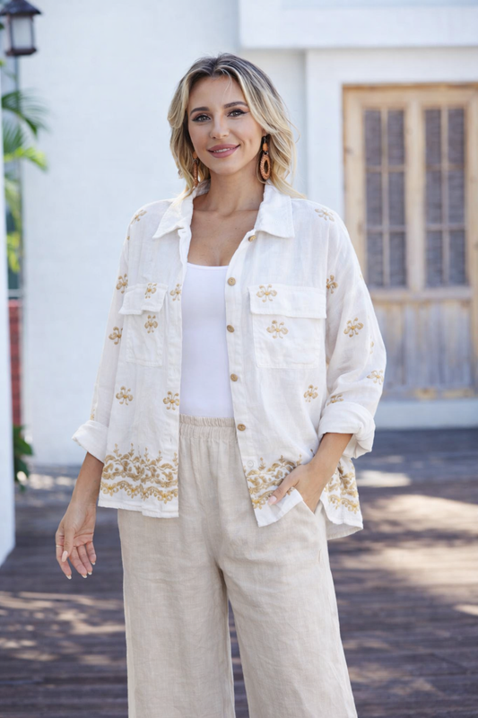 Embroidered Linen Blend Button-Up Blouse | PAPA VANCOUVER