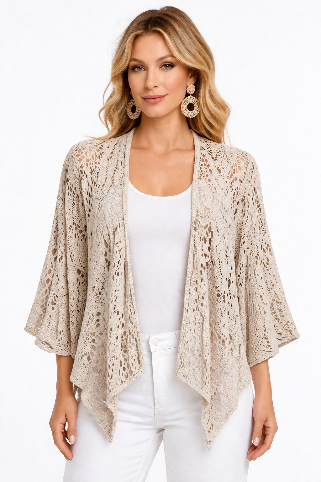 Beige Tie-Front Cardigan, Shrug – Lightweight Knit, 3/4 Sleeve, Relaxed Fit Layering Top