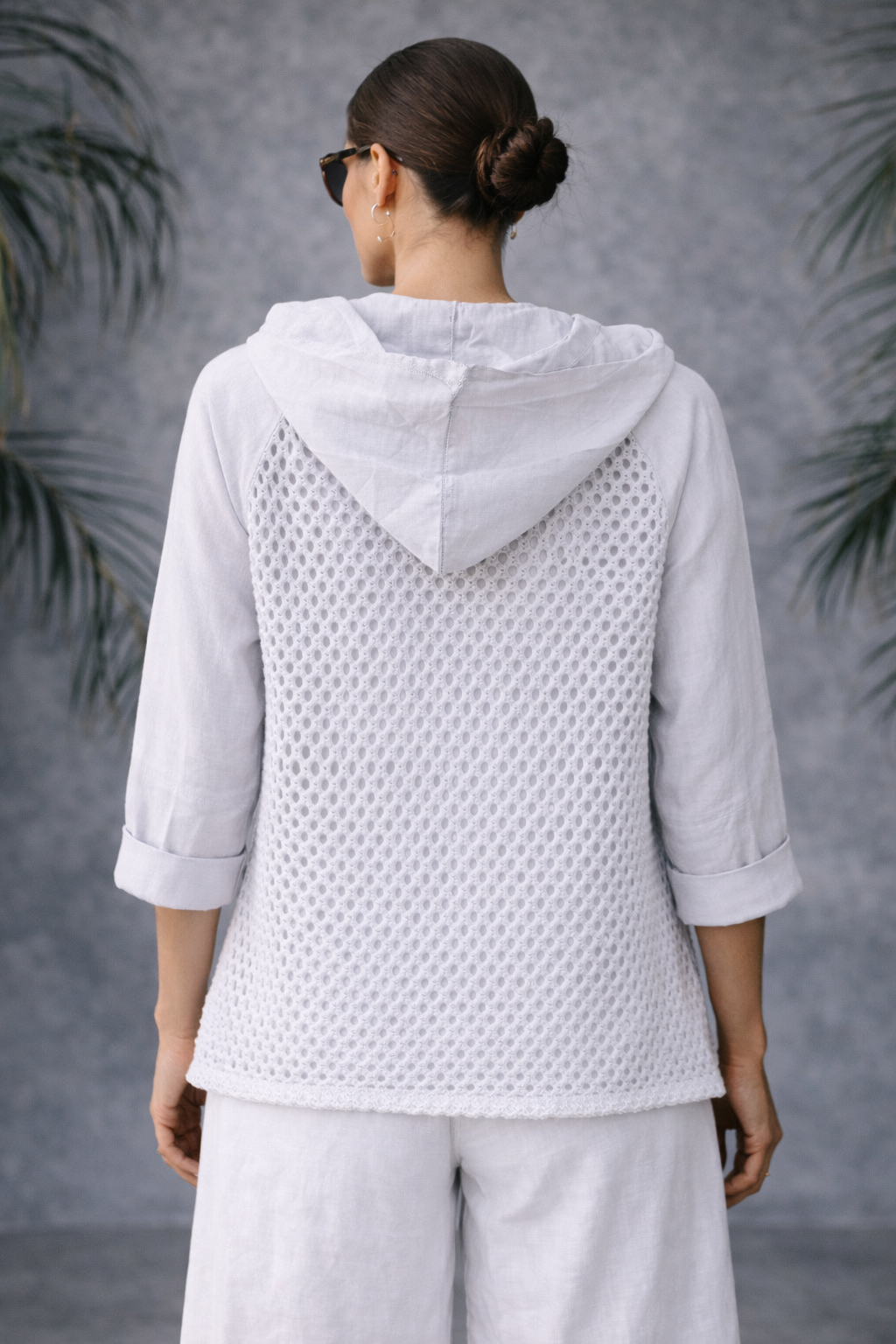 Italian Linen & Crochet Zip Hoodie Jacket – Lightweight Layer with Pockets Grey