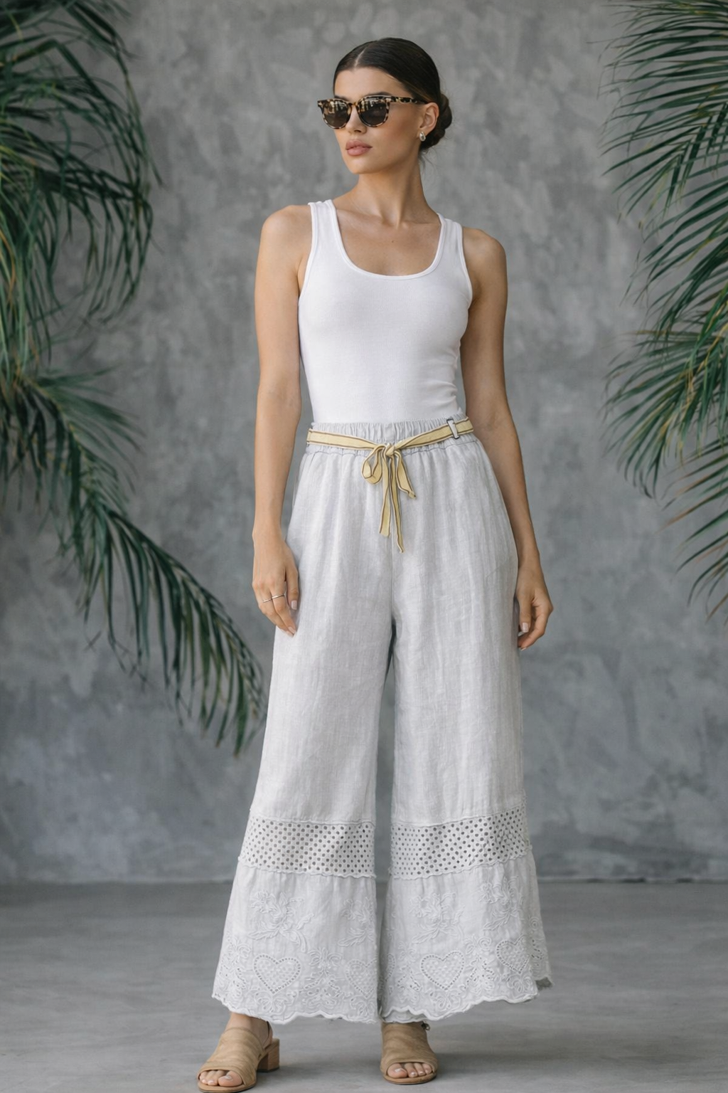 Italian Linen Wide Leg Pants with Lace Hem Deta