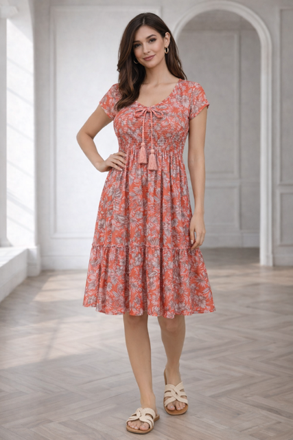 Italian Floral Midi Dress Coral & Beige – Lightweight Tie Front A-Line Dress