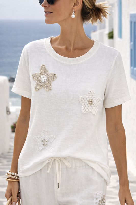 Italian Linen Star Embellished Top White | Eternelle