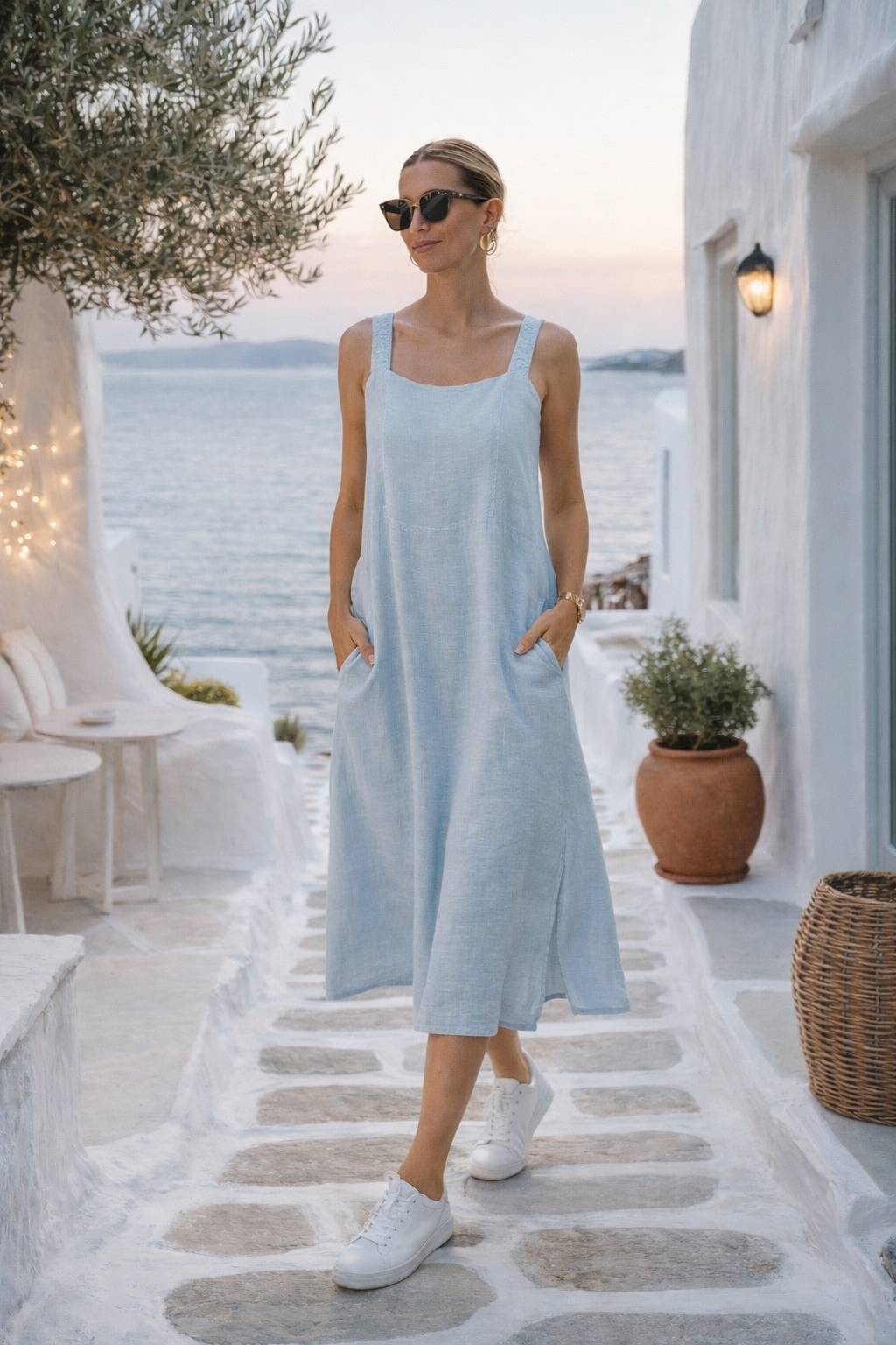 Classic Linen Maxi Dress With Side Split - Sky Blue | Eternelle