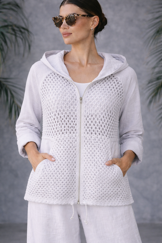 Italian Linen & Crochet Zip Hoodie Jacket – Lightweight Layer with Pockets Grey