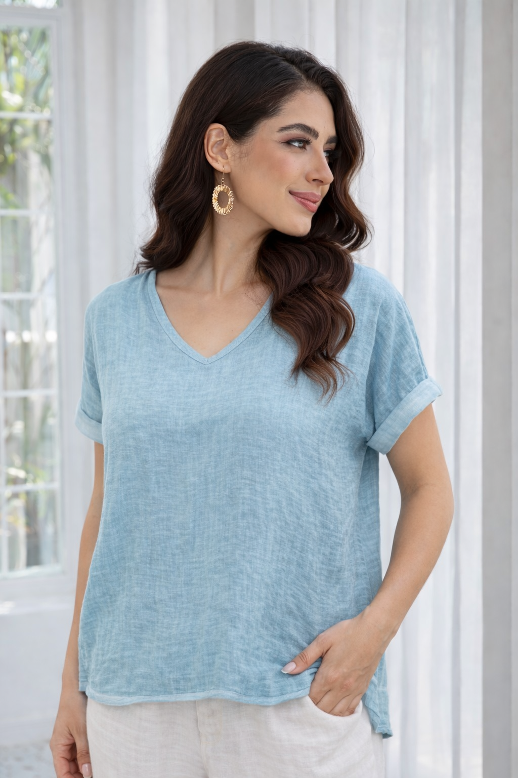 Breezy V-Neck Linen Tee - Powder Blue