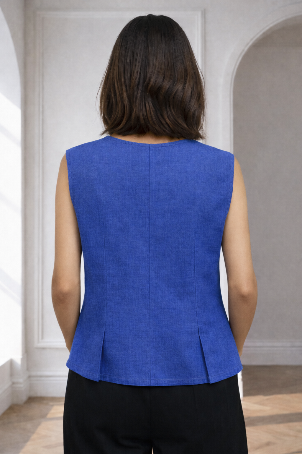 Blue European Linen Blend Sleeveless Button Front Top – Flattering A-Line Fit | Lightweight Summer Layer