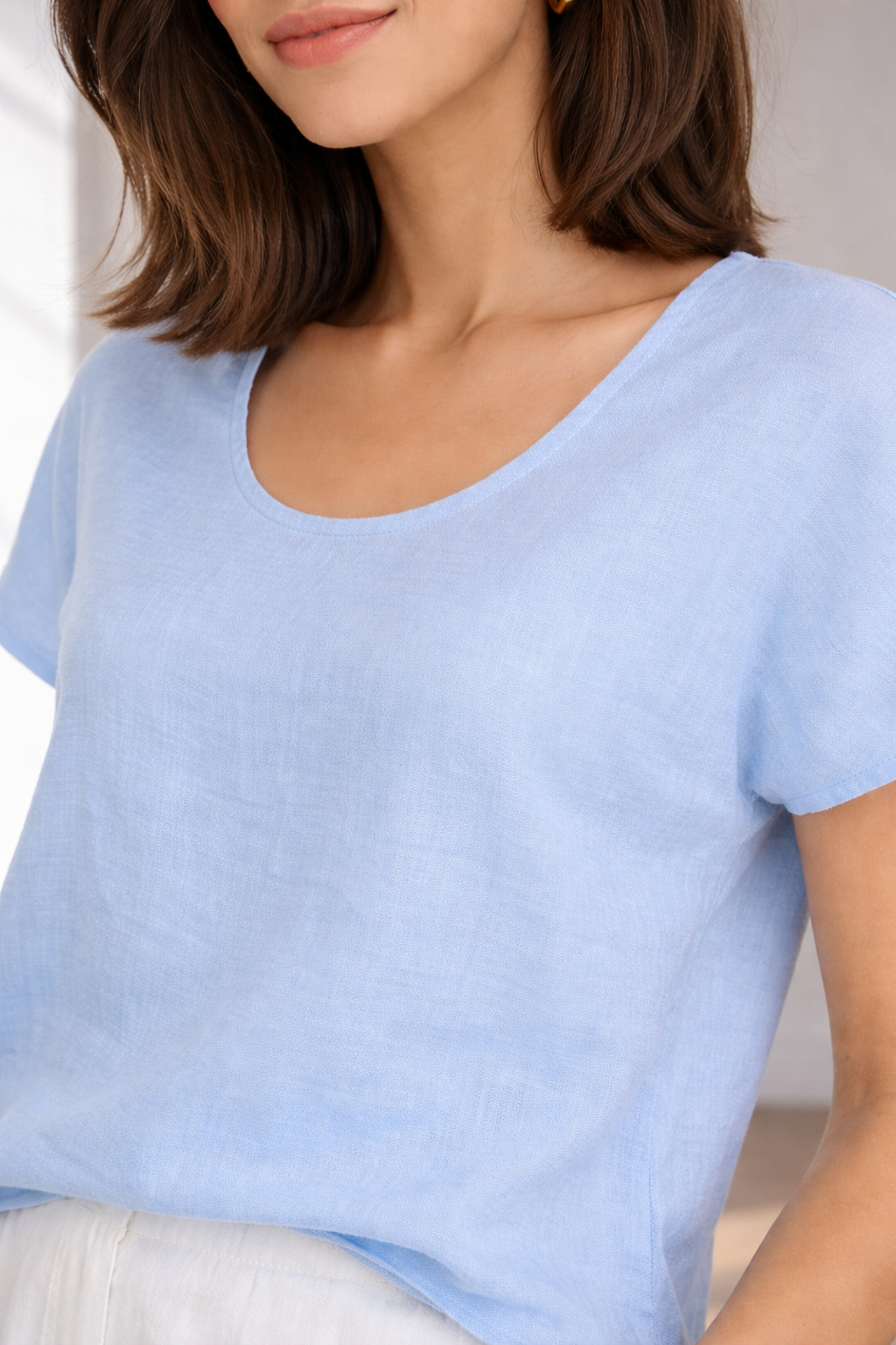 Light Blue Linen Blend Top for Women |