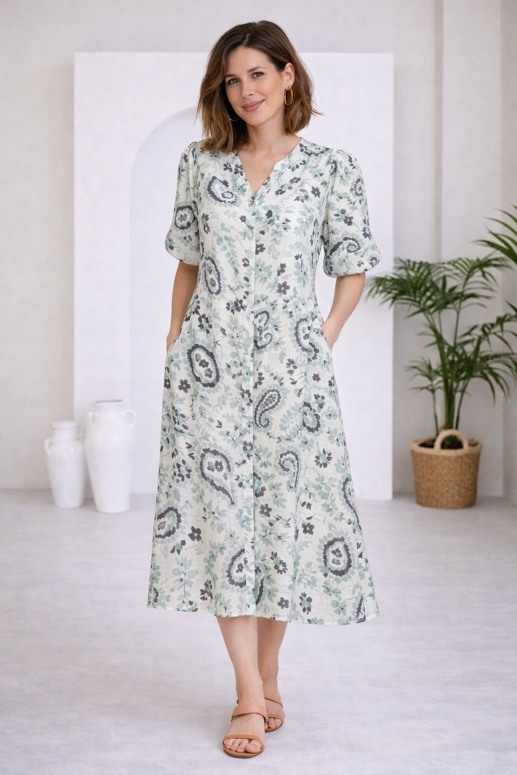 Flowy V-neck Button Down Dress | FRANSA