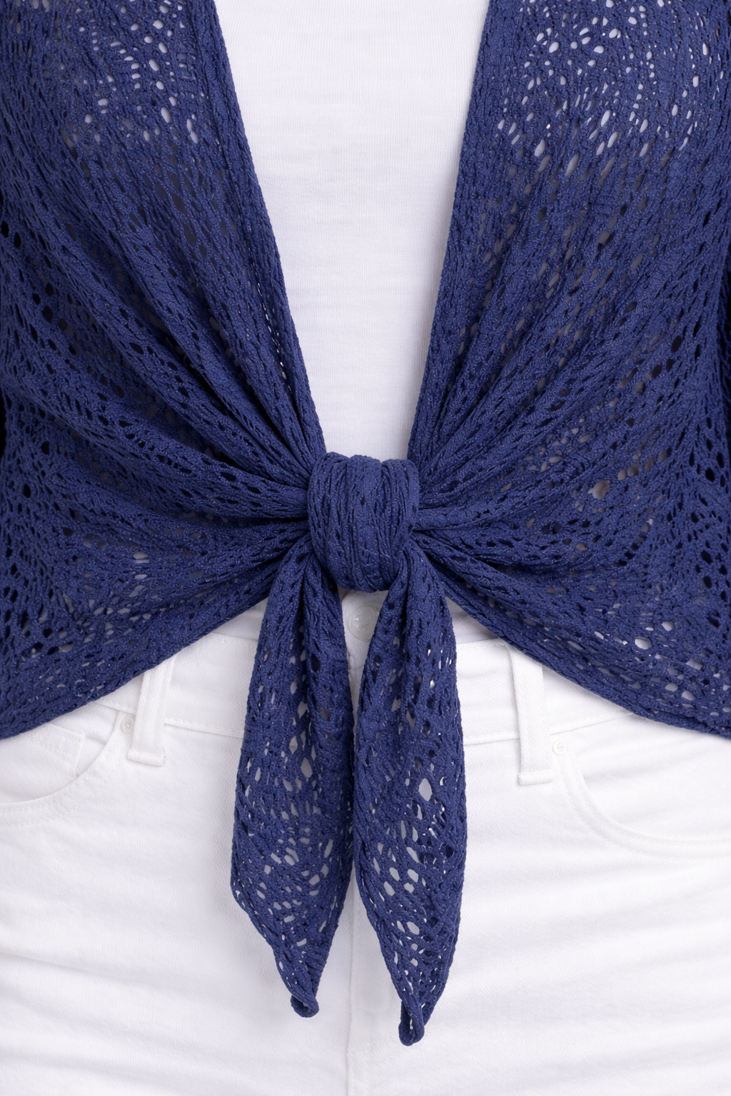 Navy Lace Look Tie-Front Cardigan – Lightweight Knit, 3/4 Sleeve, Relaxed Fit Layering Top