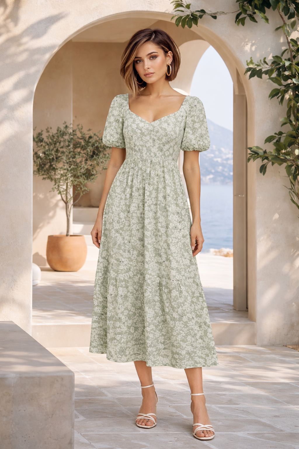Sage Floral Open-Back Midi Dress