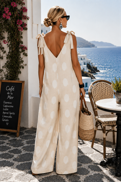 Taupe Italian Linen Resort Romper – Chic Wide Leg Polka Dot Style