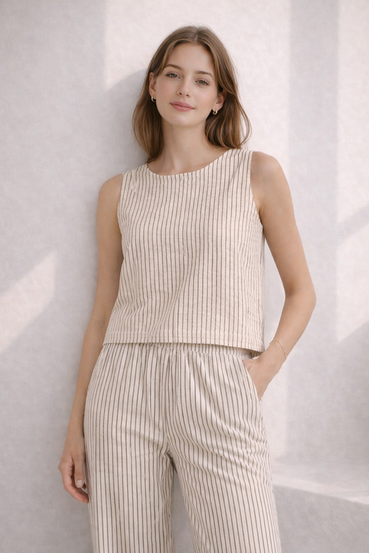Striped Linen Sleeveless Top – Natural Beige Lightweight Summer Blouse