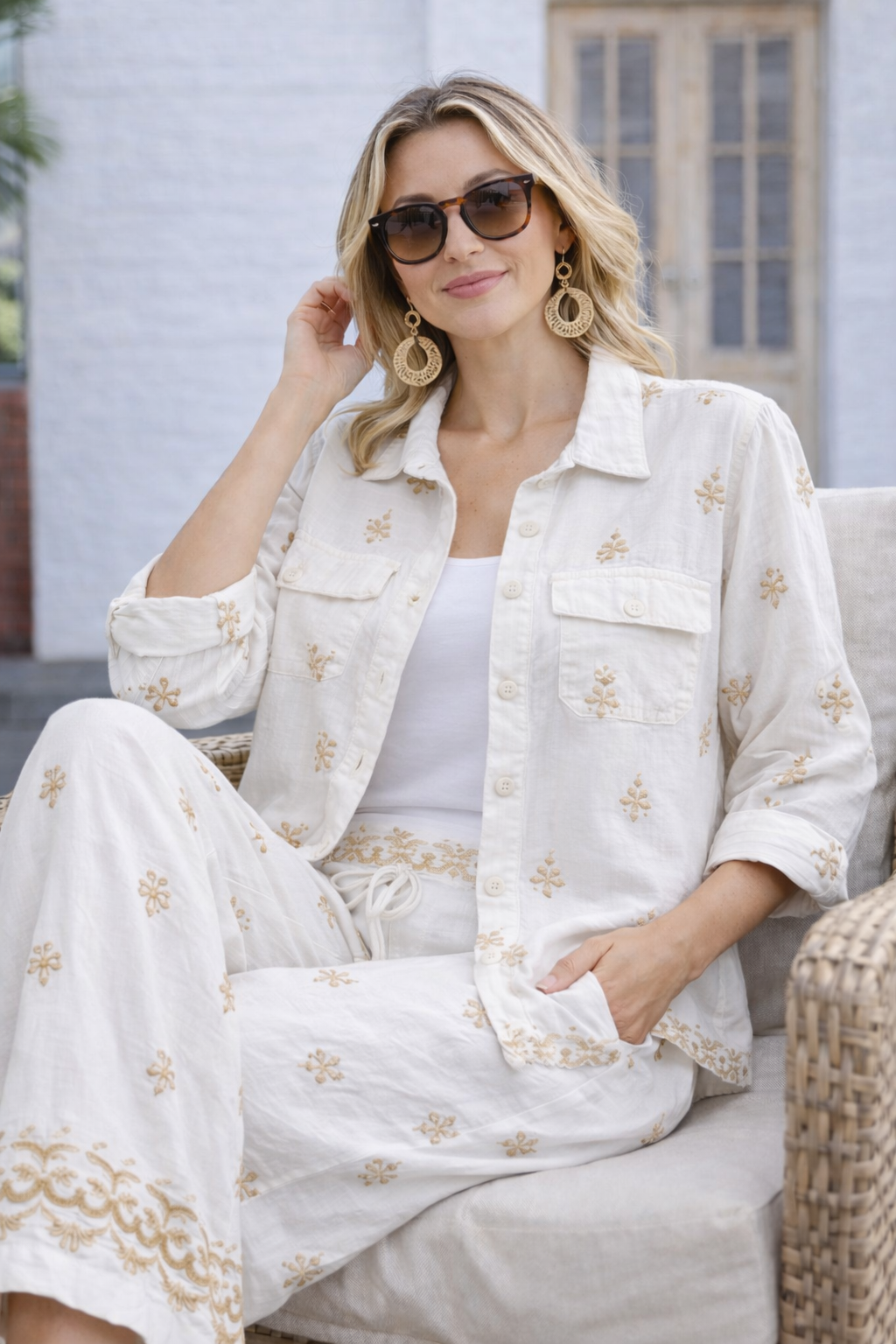 Embroidered Linen Blend Button-Up Blouse | PAPA VANCOUVER