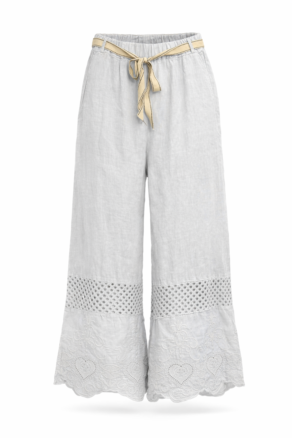 Italian Linen Wide Leg Pants with Lace Hem Deta