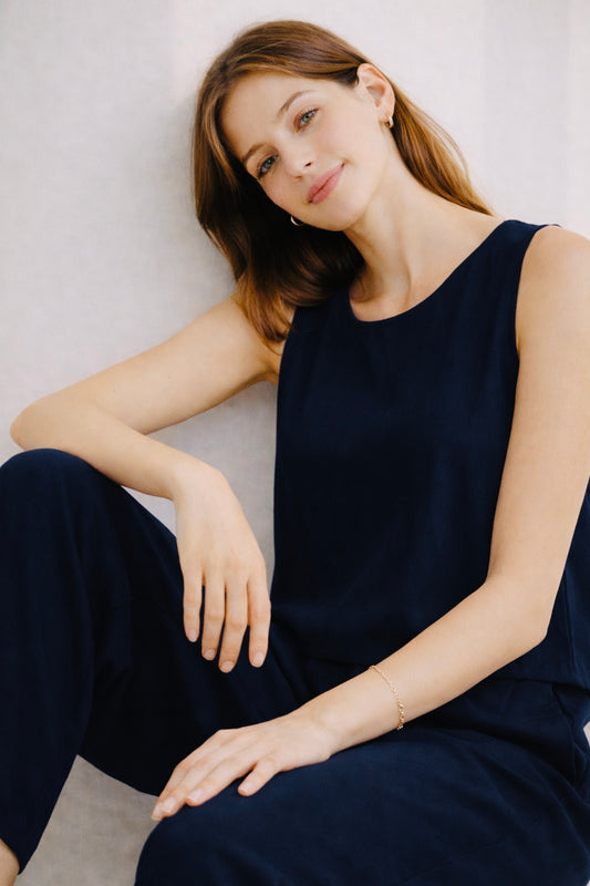 Linen Sleeveless Top – Navy Lightweight Summer Blouse