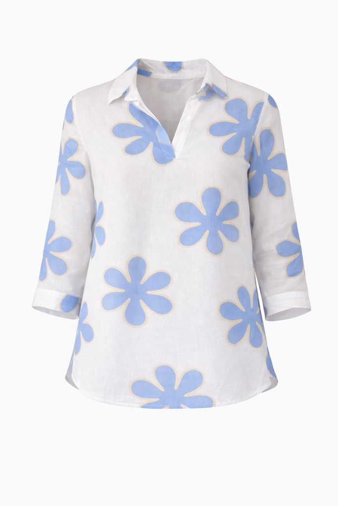 Italian Linen Blend Floral Tunic Top – Relaxed Fit 3/4 Sleeve Blouse