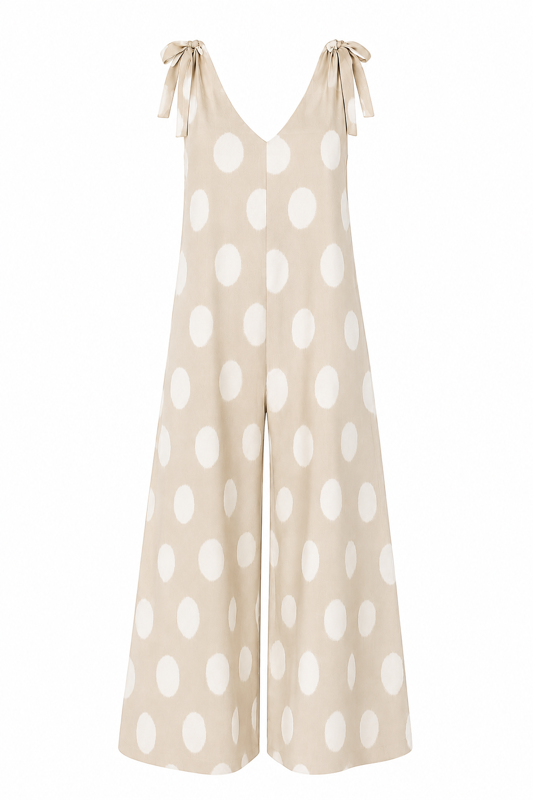 Taupe Italian Linen Resort Romper – Chic Wide Leg Polka Dot Style