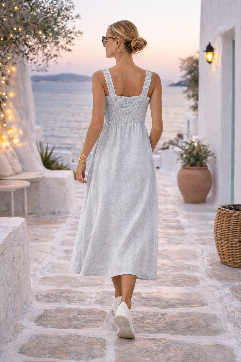 Classic Linen Midi Dress with Side Slit – Soft Grey | Orange Fashion