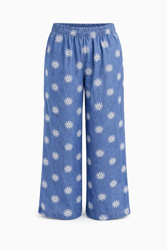 Italian Tencel Palazzo Pants – Wide Leg Denim Print | One Size Relaxed Fit