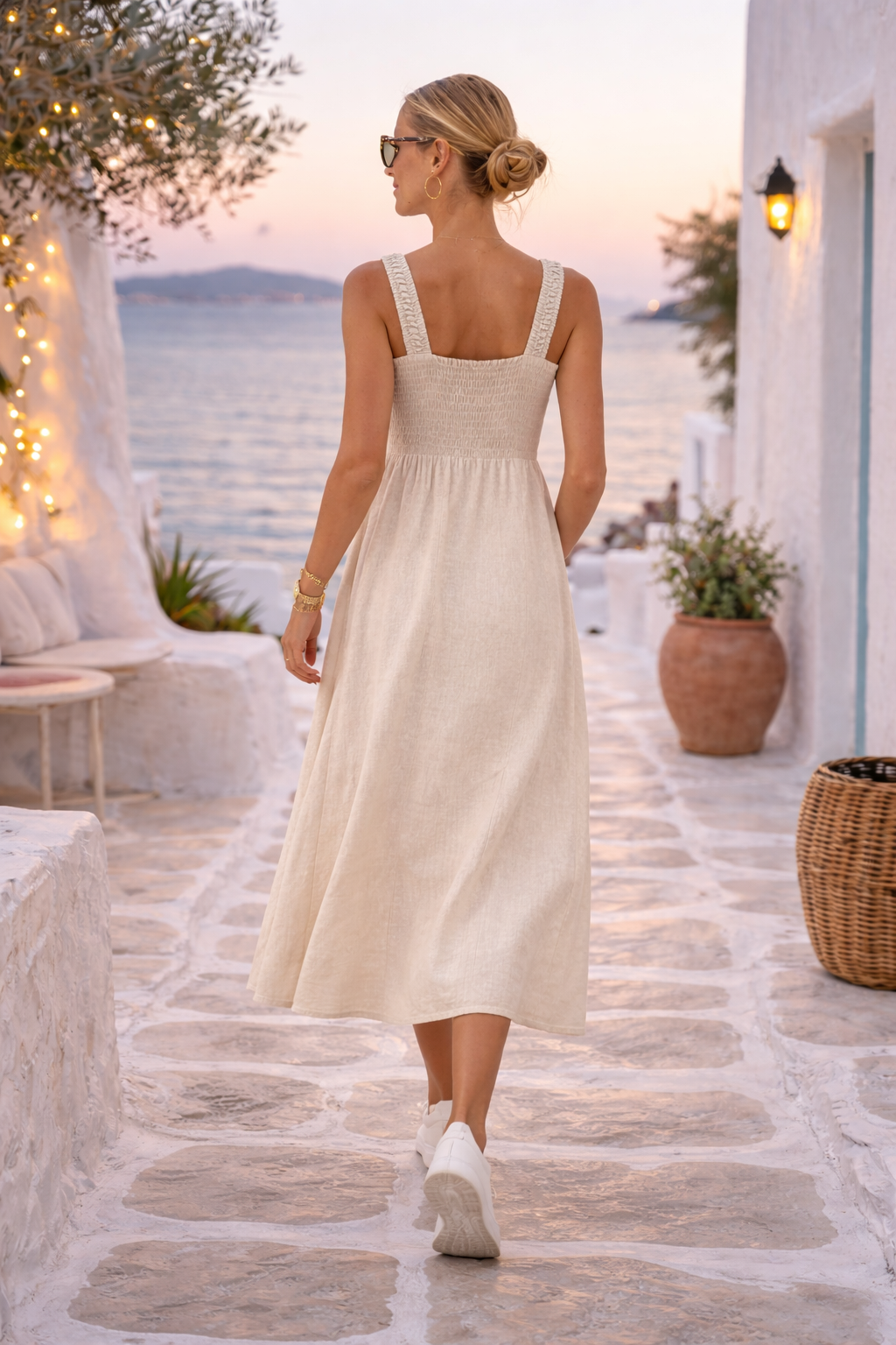Classic Linen Maxi Dress With Side Split - Beige | Eternelle