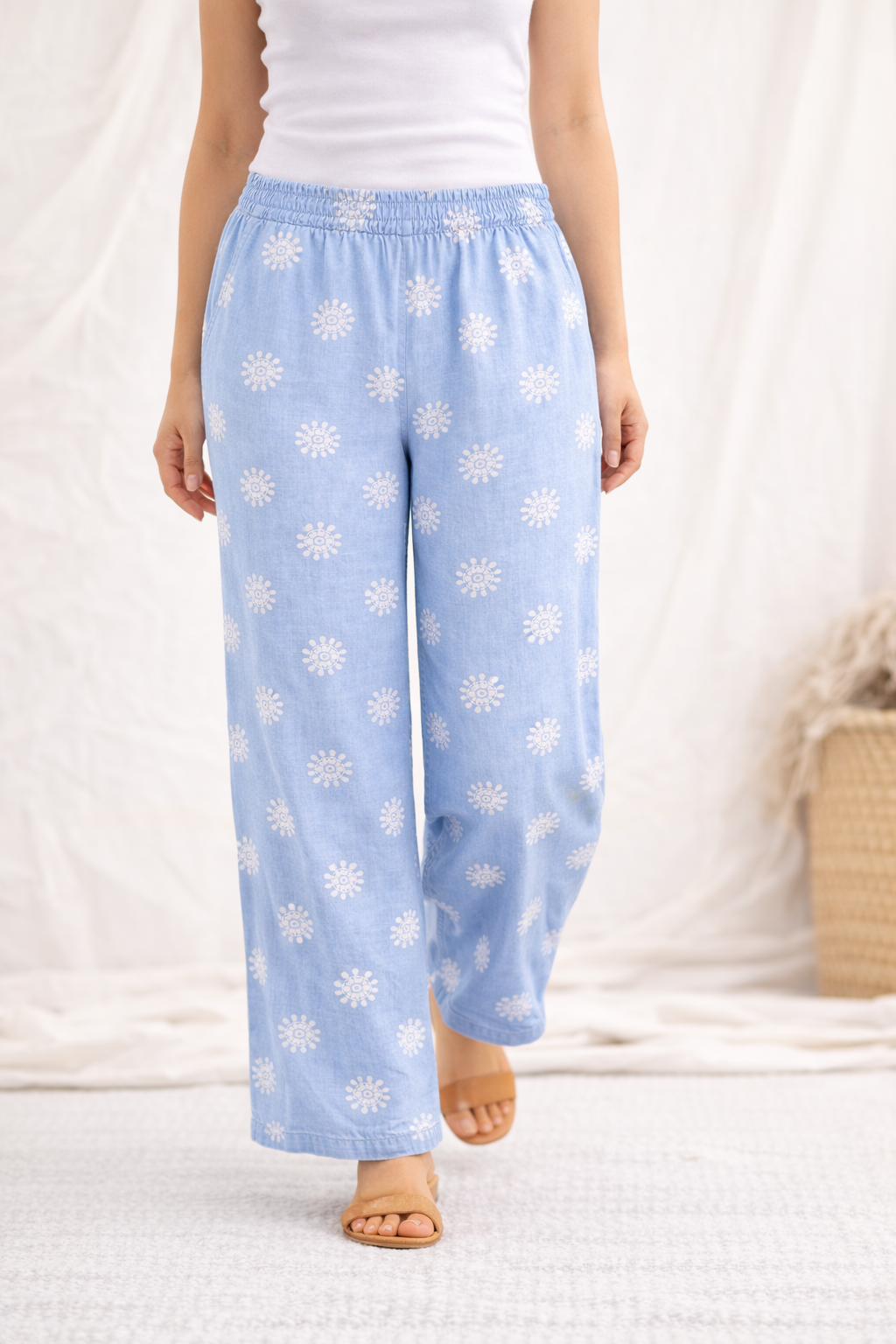 Italian Tencel Palazzo Pants Light  – Wide Leg Denim Print | One Size Relaxed Fit
