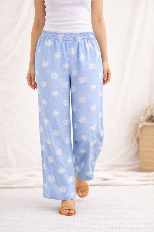 Italian Tencel Palazzo Pants Light  – Wide Leg Denim Print | One Size Relaxed Fit