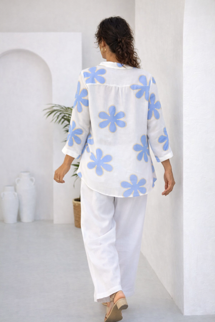 Italian Linen Blend Floral Tunic Top – Relaxed Fit 3/4 Sleeve Blouse