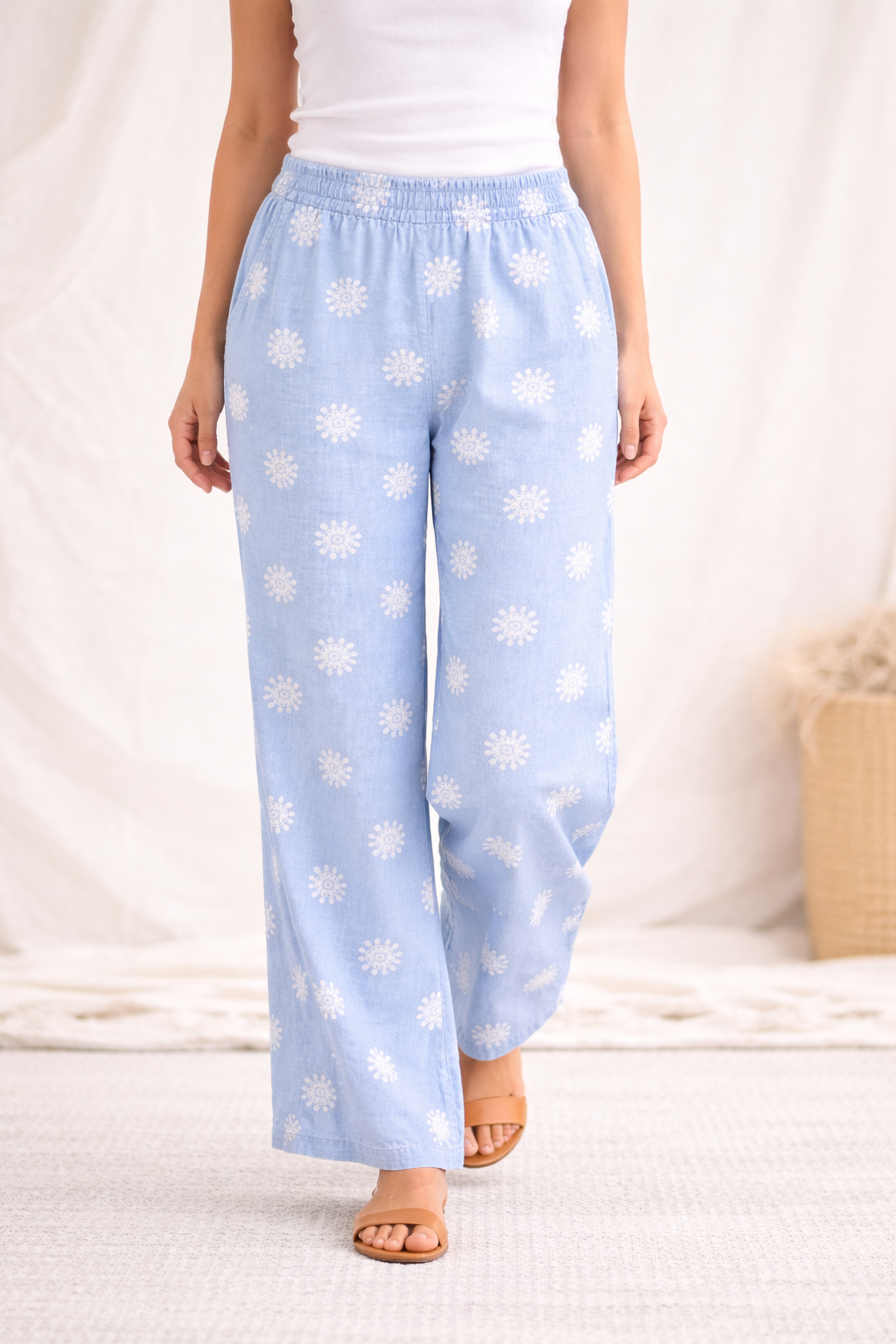 Italian Tencel Palazzo Pants Light  – Wide Leg Denim Print | One Size Relaxed Fit