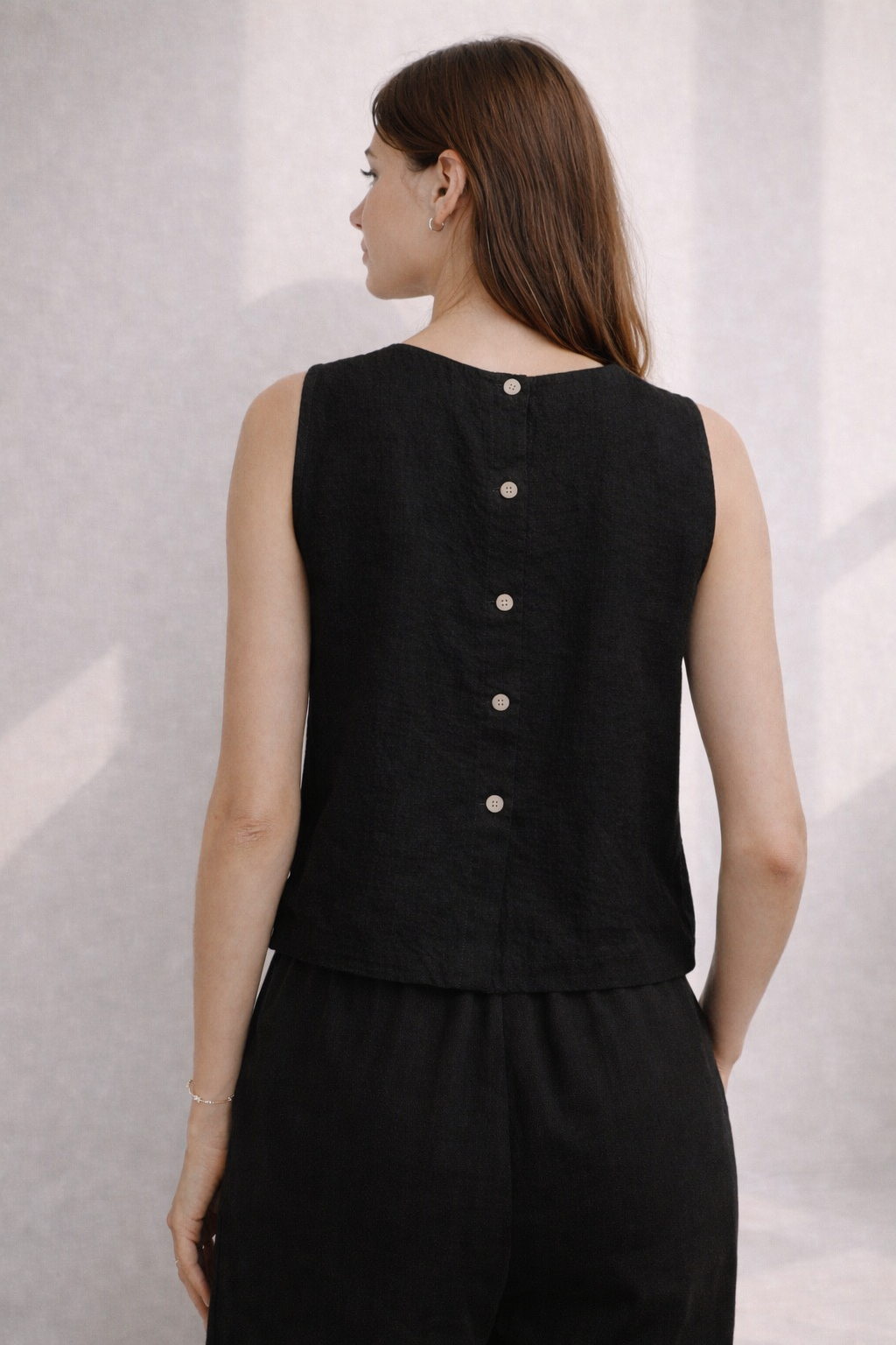 Linen Sleeveless Top – Black Lightweight Summer Blouse