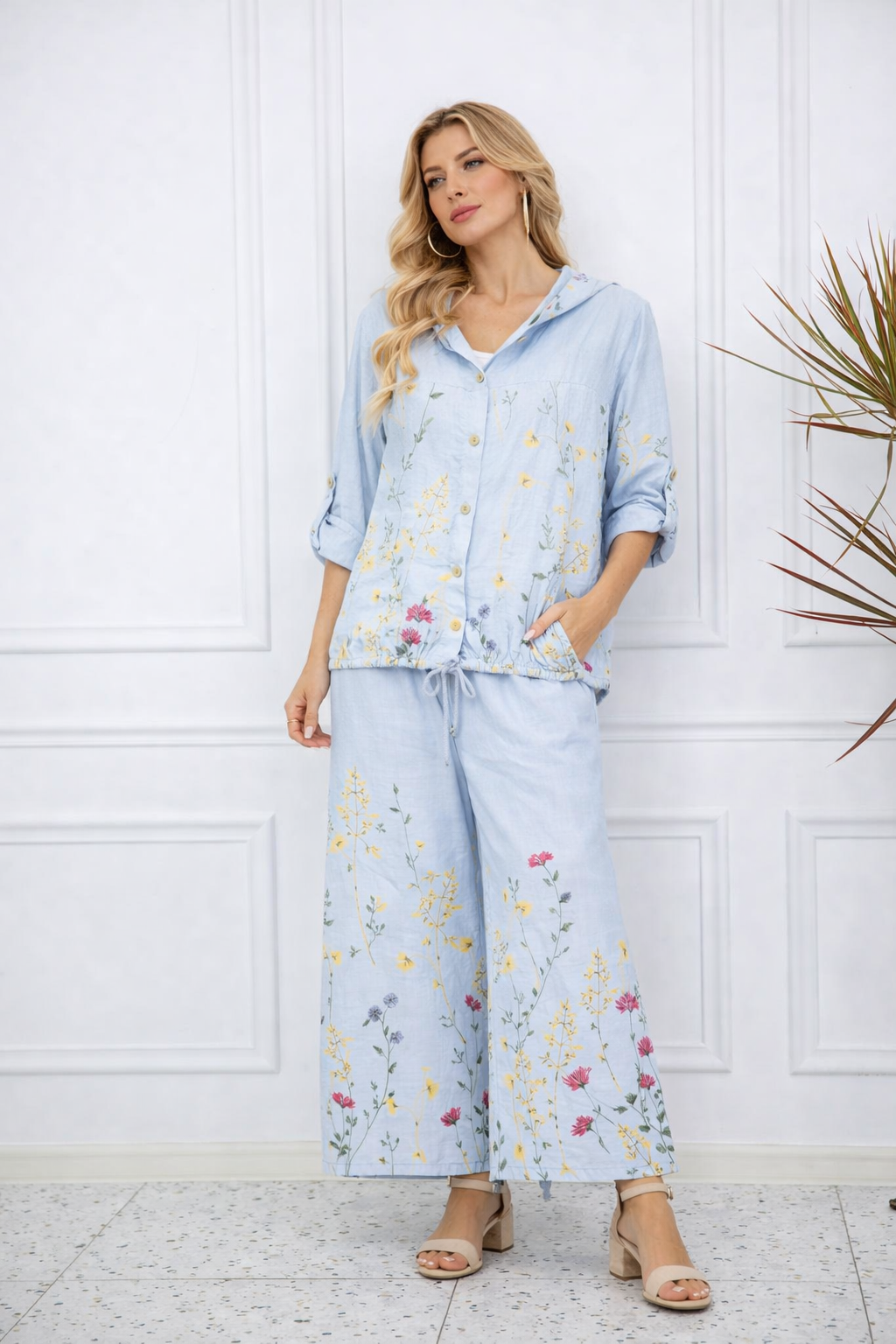 Floral Linen Button-Down Hoodie | SORELLA